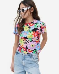 23U1-028 H&M Printed Ribbed T-shirt - 9-10 tuổi