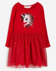 23D2-032 H&M Sequin-motif Tulle-skirt Dress - Váy, đầm bé gái